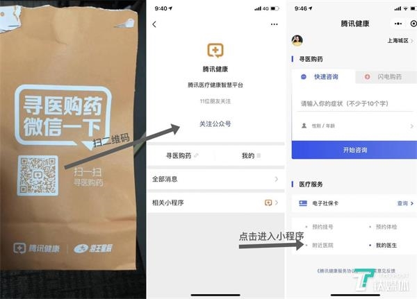 从左到右依次为药房购物袋、腾讯健康小程序、腾讯健康小程序首页(钛媒体付梦雯制图)